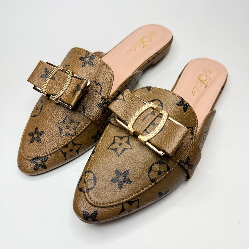 Stylish Monogrammed Open Loafers by Fbibas- Brown Slip On Mules with Buckle